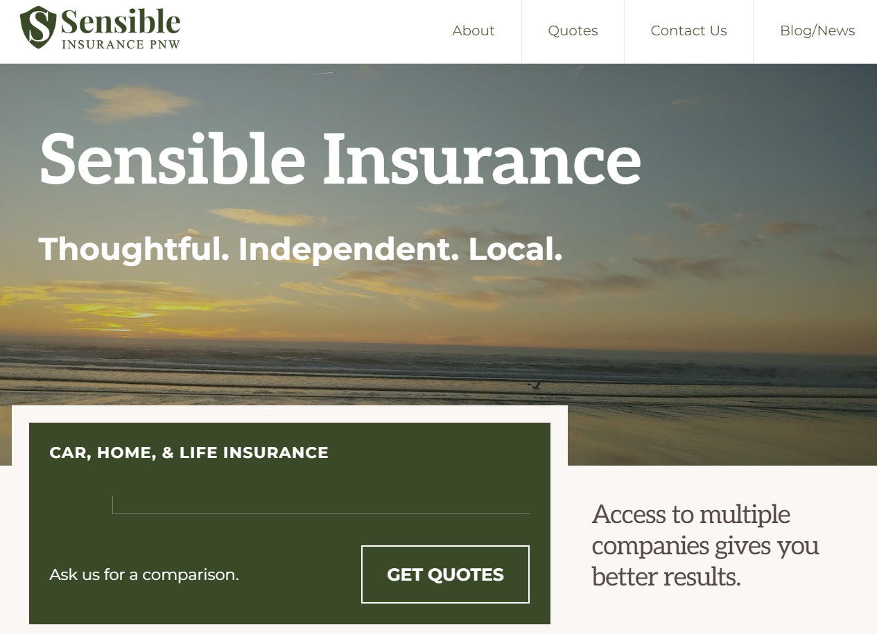 New Website Screenshot for Sensible Insurance PNW