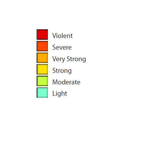 Earthquake legend colors from severe to light